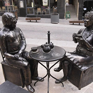 Malta, Sliema, Metal sculpture, old couple drinking tea