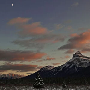 A half moon sits over Moose Meadow at sunset in Banff National Park near Lake Louise