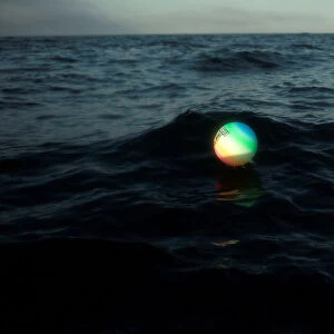 A plastic ball for beach volleyball games is seen floating in the Strait of Gibraltar