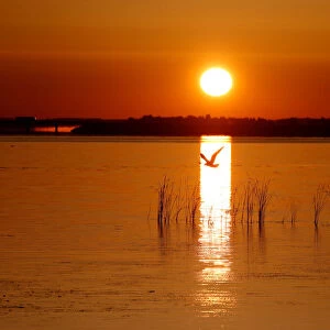 The rising sun illuminates the lake near the town of Vileika