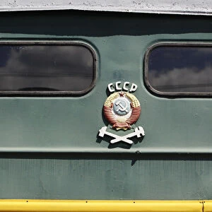 A Soviet Union symbol is seen on a train carriage at the Museum of Railway technology