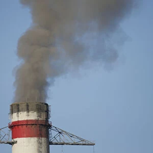 A view shows a chimney of the Trypillian thermal power plant in Kiev region