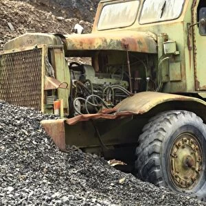 Abandoned tipper lorry in quarry, Powys, Wales, august