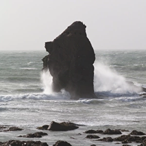 Coastal rock formation in rough sea, Thurlestone Rock, Thurlestone Bay, Devon, England
