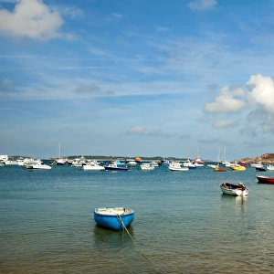 Fishing and pleasure boats moored in harbour, looking towards Tresco, Town Beach, Hugh Town, St