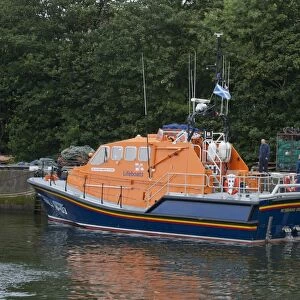 Tamar class lifeboat at harbour, RNLB The Misses Robertson of Kintail, Eyemouth, Berwickshire, Scottish Borders, Scotland, july