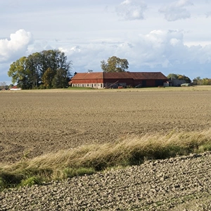 View of cultivated arable fields and farm buildings, Sweden, autumn