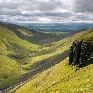 View of U-shaped valley, looking towards Eden Valley, High Cup Nick, North Pennines, Cumbria, England, may
