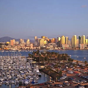 Aerial View of San Diego Skyline, Harbor Island Boats in the foreground, California