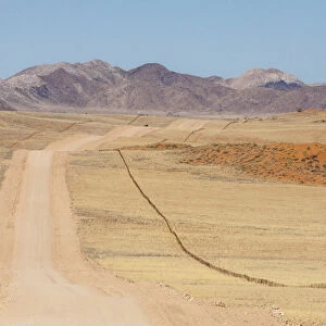 Africa, Namibia, Namib Desert. Long road and fence in desert
