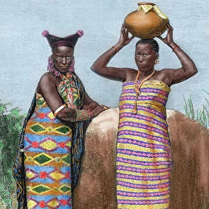 Africa. Women of Zanzibar. Engraved by Adrien Maris in 1882. Colored