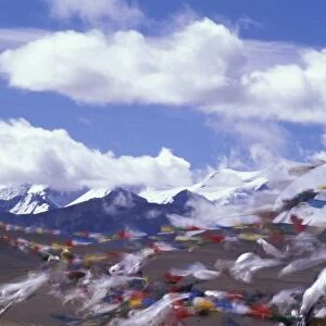 Asia, China, Tibet, Tangla Pass. Prayer flags, the Himalayas behind