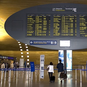 Departure board located in the Paris-Charles de Gaulle Airport, Paris, France
