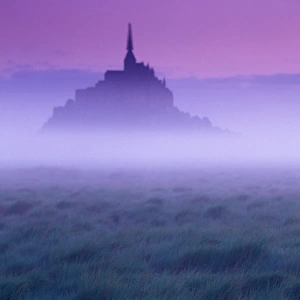 EU, France, Normandy, Manche, Mont St Michel. Dawn, mist, and field