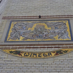 Europe, Belgium, Antwerp. Mosaic on the Winter house, one of four seasons"