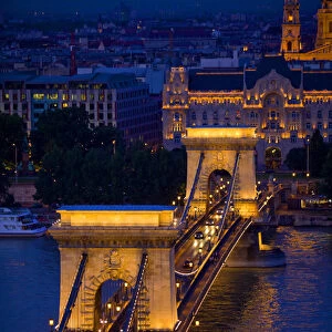 Europe, Hungary, Budapest. Chain Bridge lit at night