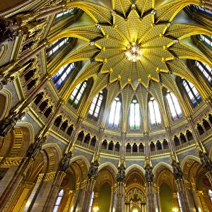 Europe, Hungary, Budapest. Interior dome of Parliament Building