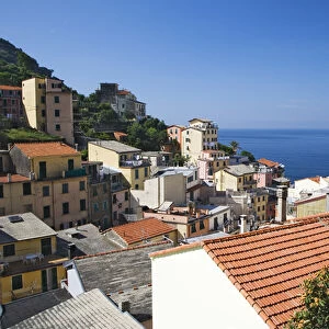 Europe, Italy, Riomaggiore. Elevated view of this picturesque coastal town on the Mediterranean Sea