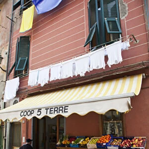 Europe; Italy; Vernazza; Market on Vernazzas main Street