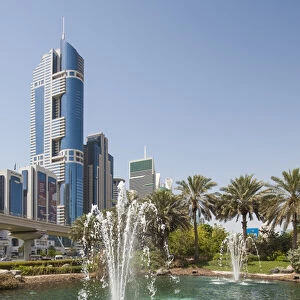 Fountain and downtown skyline of Dubai, United Arab Emirates (UAE)