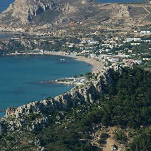GREECE-Dodecanese Islands-RHODES-Kolymbia: Morning View of Tsambika Bay from the