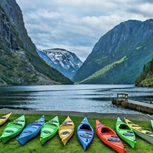 Gudvangen Norway fabulous fjord called Naeroyforden Fjord with colorful kayaks in water