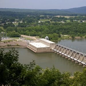 A hydroelectric dam, part of the Ozark Lake Project on the Arkansas River at Ozark, Arkansas