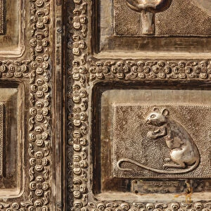 India, Rajasthan, Bikaner, Karni Mata Temple, Detail of rat on door