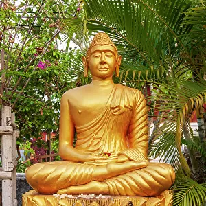 Laos, Luang Prabang. Golden Buddha statue with elongated earlobes
