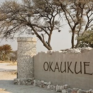 Namibia, Etosha National Park. The entrance sign of the Okaukuejo Lodge