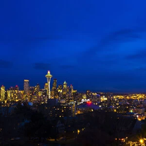 North America; USA; Washington; Seattle; Night View of Seattle Skyline with Christmas