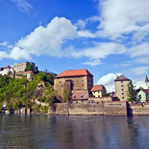 Passau, Germany, the Danube River flows in front of Veste Oberhaus castle, Bavaria