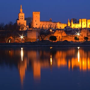 Popes Palace in Avignon and the Rhone river at sunset, Vaucluse, Rhone, Provence