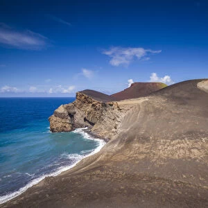 Portugal, Azores, Faial Island. Elevated view of Capelinhos volcanic eruption site