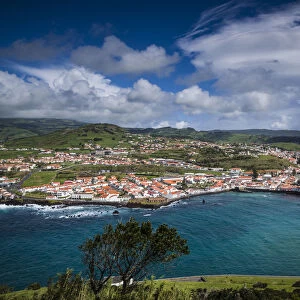 Portugal, Azores, Faial Island, Horta. Elevated view of town and Porto Pim from Monte