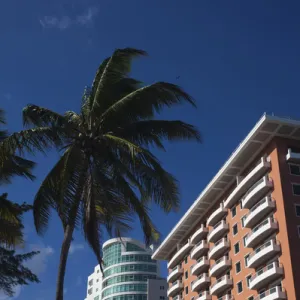 Puerto Rico, San Juan Area, Condado, Playa Condado beach, beachfront highrise building