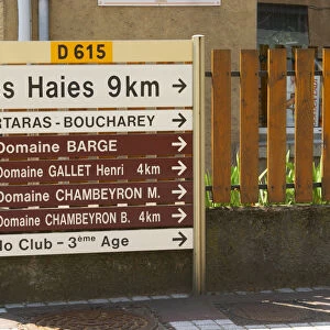 Road signs in the village to Domaine Barge, Gallet Henri, Chambeyron. Ampuis, Cote Rotie