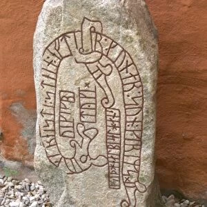 Rune stone outside the cathedral dating from the 11th century. The stone was put