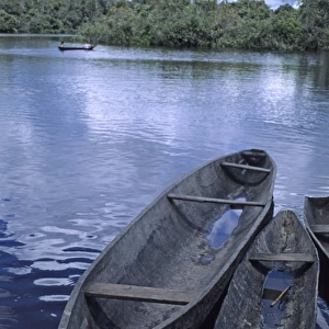 South America, Peru, Amazon River. Dug out canoes