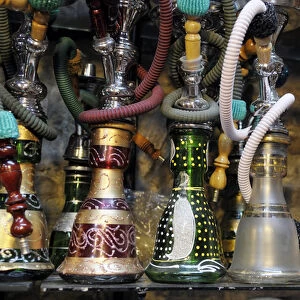 Spain, Andalusia, Granada. Moroccan hookahs for sale in a small shop
