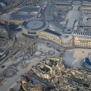 United Arab Emirates, Dubai. Aerial of Dubai Mall and The Address Hotel. Credit as