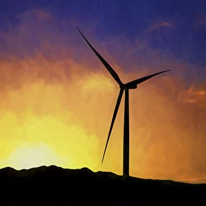 USA, California, Ocotillo Wind Energy Facility. Silhouette of wind turbine at sunset