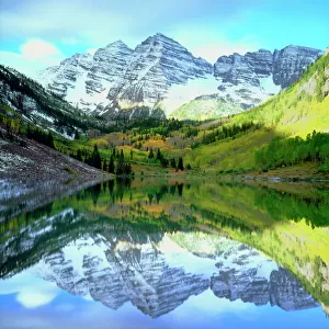 USA, Colorado, . Rocky Mountains, A Maroon Bells reflecting in Maroon Lake