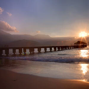 USA; Hawaii; Maui; Hanalei; Hanalei Pier at Sunset