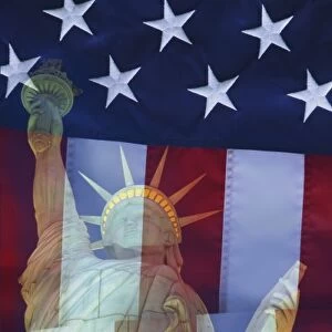 USA, Nevada, Las Vegas. Digital composite of American flag and Statue of Liberty
