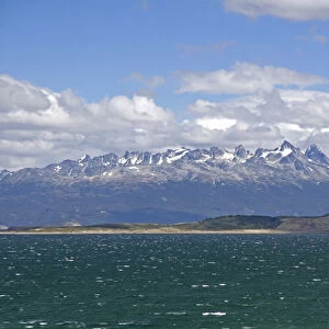 View of snowy peaks of the Dientes de Navarino in Chile from Ushuaia, Argentina