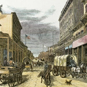 Virginia City in 1870. Main street. United States. Engraving