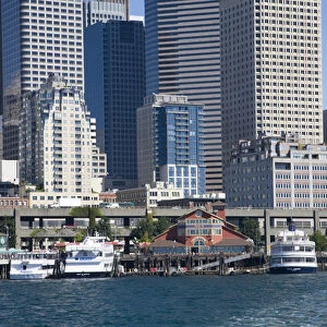 WA, Seattle, Seattle skyline and Pier 55 from Elliott Bay