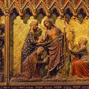 Women Praying Jesus Christ wooden panel statues, Notre Dame Cathedral, Paris, France