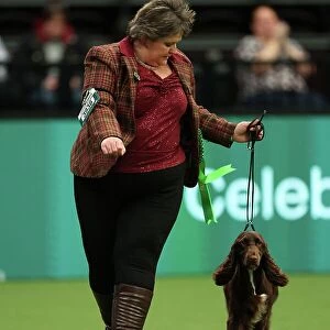 Gretel Osborn from Aylesbury with Esther, a Field Spaniel, which was the Best of Breed winner today (Thursday 09.03.23), the first day of Crufts 2023, at the NEC Birmingham